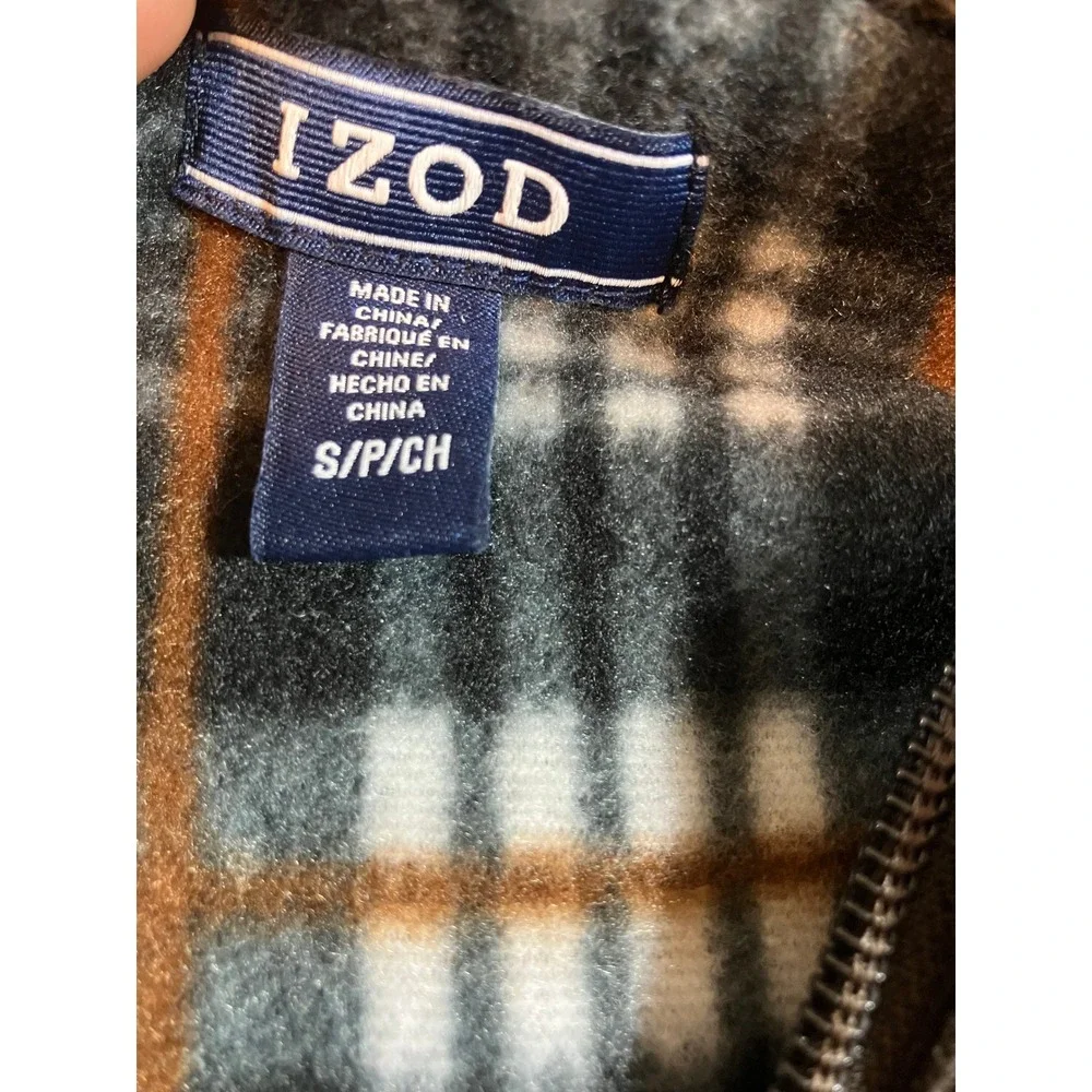 Izod Mens Fleece Lined Full Zip Knit Sweater Brown Mock Neck Size Small Jacket